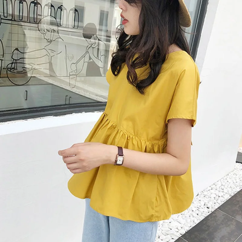 Women Girls Summer Loose Shirt Solid Color Strapped Short Sleeve Round Neck Shirt Fluffy Hem Shirt Sweet Korean Style BM
Women Girls Summer Loose Shirt Solid Color Strapped Short Sleeve Round Neck Shirt Fluffy Hem Shirt Sweet Korean Style BM