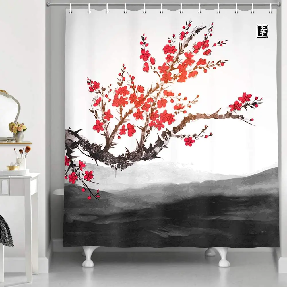 Japanese Shower Curtain Oriental Ink Painting Cherry Blossom Flowers Curtains Mountain Tree Red Black Fabric Bathroom Curtain
Japanese Shower Curtain Oriental Ink Painting Cherry Blossom Flowers Curtains Mountain Tree Red Black Fabric Bathroom Curtain
