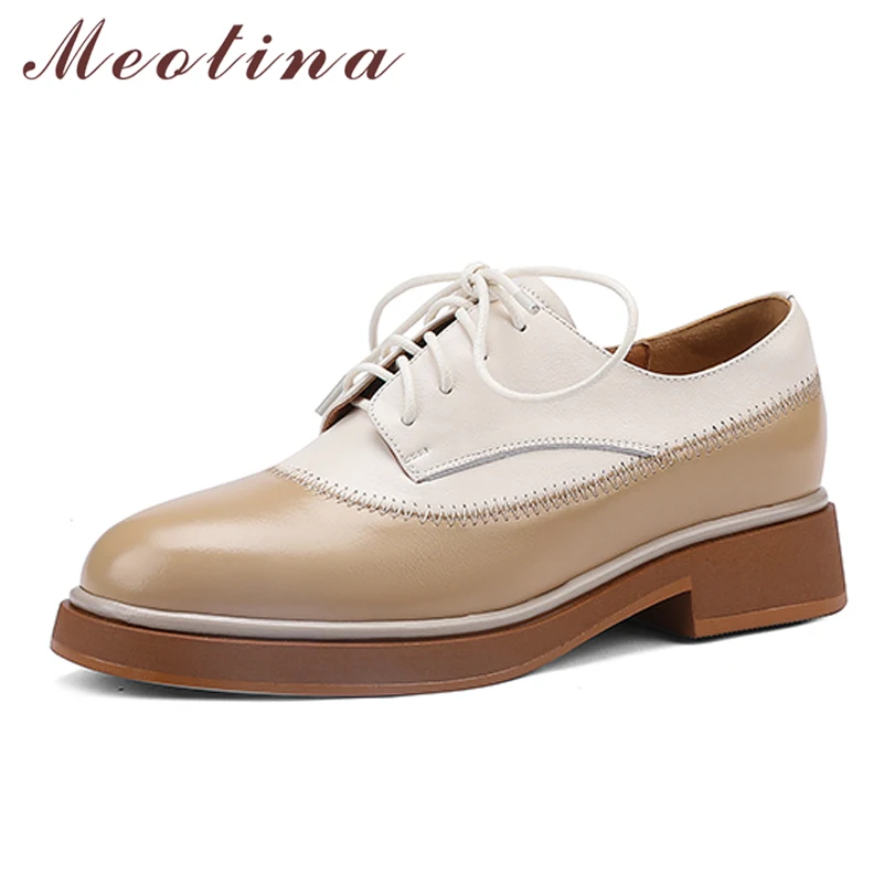 

Meotina Women Loafers Shoes Genuine Leather Thick Heels Pumps Round Toe Lace Up Med Heel Ladies Footwear Spring Oxfords Shoes 40