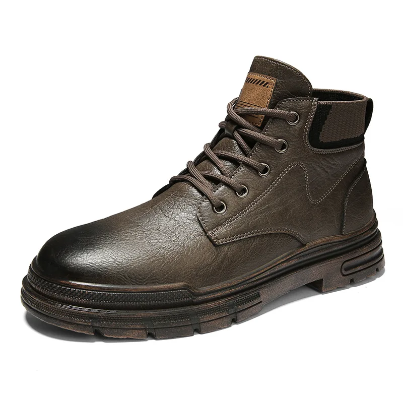 

Tough Guy Tooling Boots Black Autumn and Winter High-top Martin Boots Retro Brown Locomotive Leather Shoes Mid-tube Boots