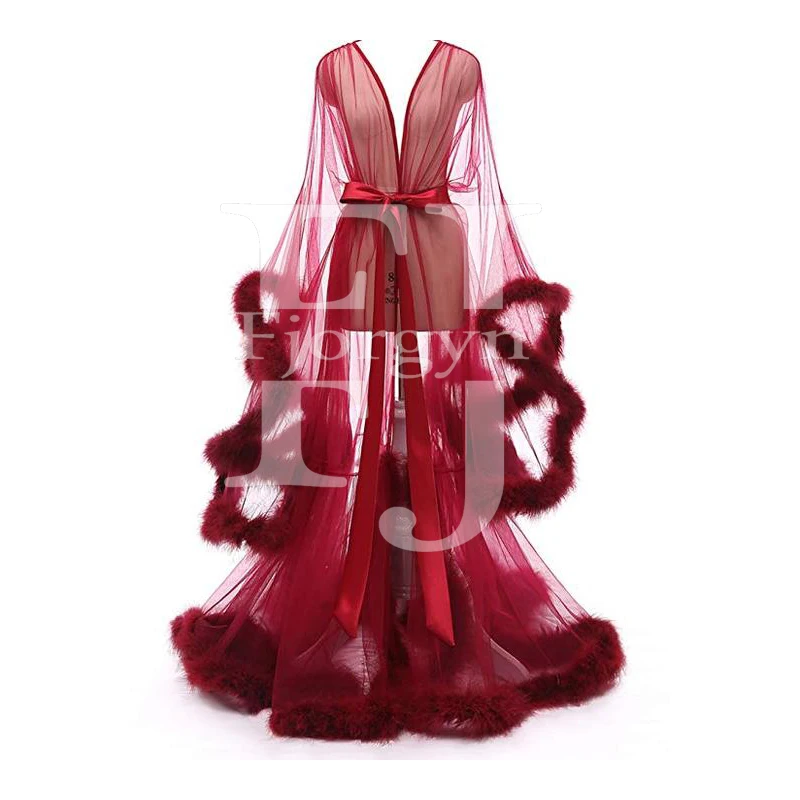Burgundy Long Fur Edge Robes Delicate Custom Made Tulle Bridal Dressing Gown Pregnant Women's Party Dresses Party Dress 
Burgundy Long Fur Edge Robes Delicate Custom Made Tulle Bridal Dressing Gown Pregnant Women's Party Dresses Party Dress