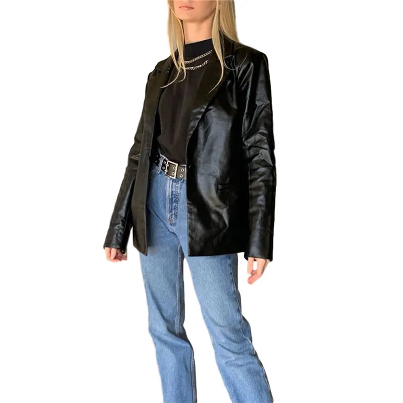 Women PU leather blouses 2020 Autumn Winter Black Faux Leather Basic Coat Turn-down Collar Motor Biker Jacket
Women PU leather blouses 2020 Autumn Winter Black Faux Leather Basic Coat Turn-down Collar Motor Biker Jacket