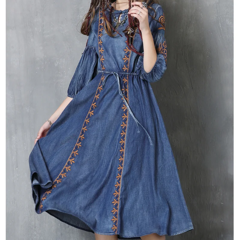 Casual Loose Embroidery Denim Dresses for Women Indie Folk Style One Piece Elegant Drawstring Vestidos Female 2021 Spring New
Casual Loose Embroidery Denim Dresses for Women Indie Folk Style One Piece Elegant Drawstring Vestidos Female 2021 Spring New