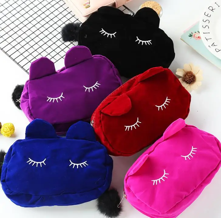 

Portable Cartoon Cat Makeup Storage Cosmetic Flannel Plush Bag Multi-function Pen Pouch Case Home Storage Housekeeping Supplies