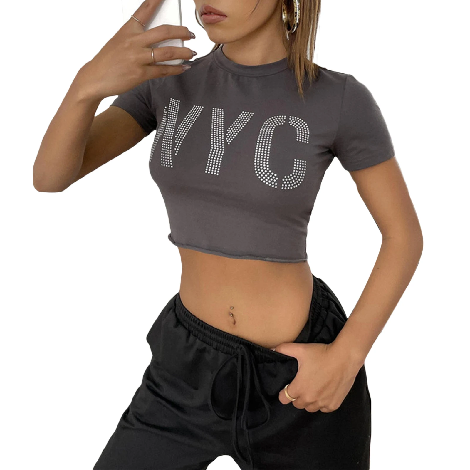 2021 Women\\u2019s Causal Short Sleeve T-shirt Fashion Letter Hot Drilling Round Neck Exposed Navel Tops
2021 Women\\u2019s Causal Short Sleeve T-shirt Fashion Letter Hot Drilling Round Neck Exposed Navel Tops