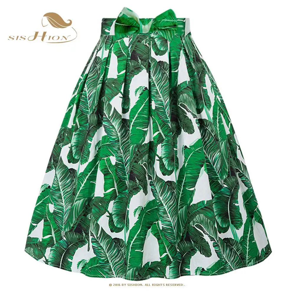 

SISHION Y2K Jupe Green Leaves Printed 50s 60s Cotton Vintage Skirt SS0012 Women Summer Skirt Skater Jupe Femme