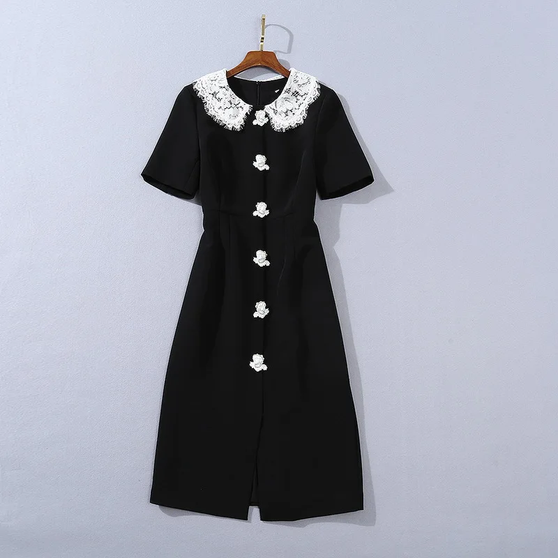 Chic OL elegant Black pencil 2021 Autumn High quality women's Short sleeves lace collar dress C425
Chic OL elegant Black pencil 2021 Autumn High quality women's Short sleeves lace collar dress C425
