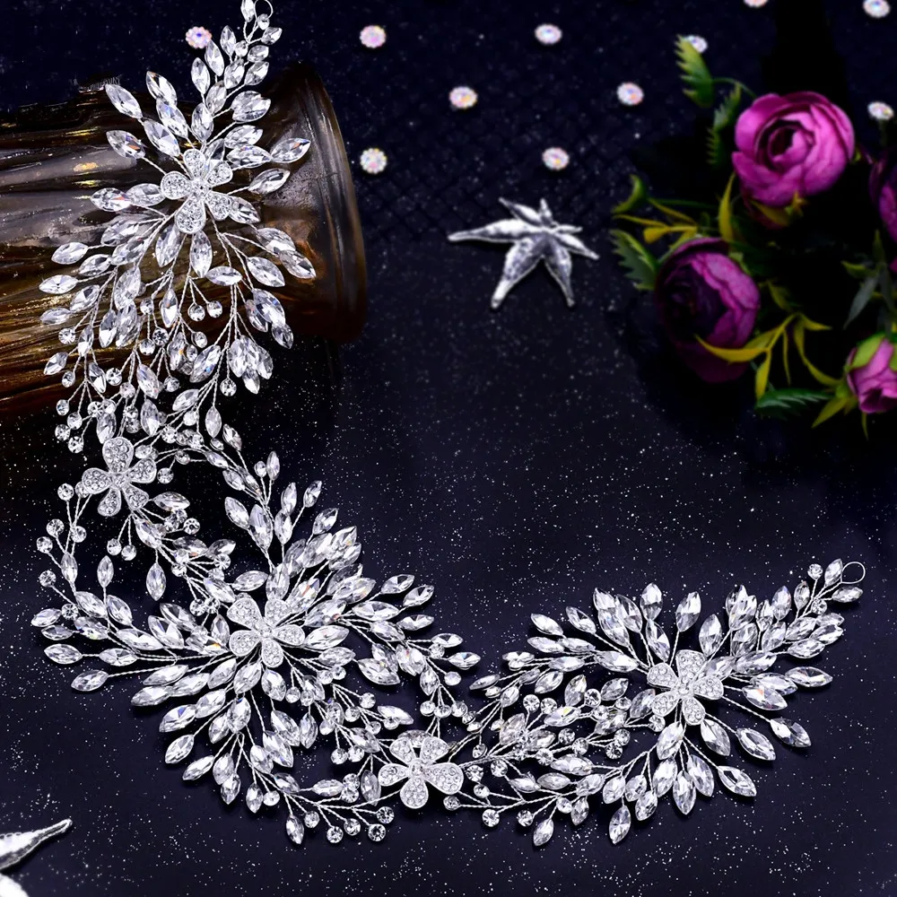 

Luxurious Rhinestone Headband Alloy Flower Headpiece Handmade Bridal Hair Accessories Headwear Cathedral Wedding Tiara HP390