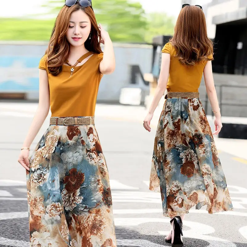 2020 Summer New Women Clothing Set T-shirt & Chiffon Skirt Two Pieces Suit Casual O-neck Short Sleeve Suit S-3XL High Quality
2020 Summer New Women Clothing Set T-shirt & Chiffon Skirt Two Pieces Suit Casual O-neck Short Sleeve Suit S-3XL High Quality