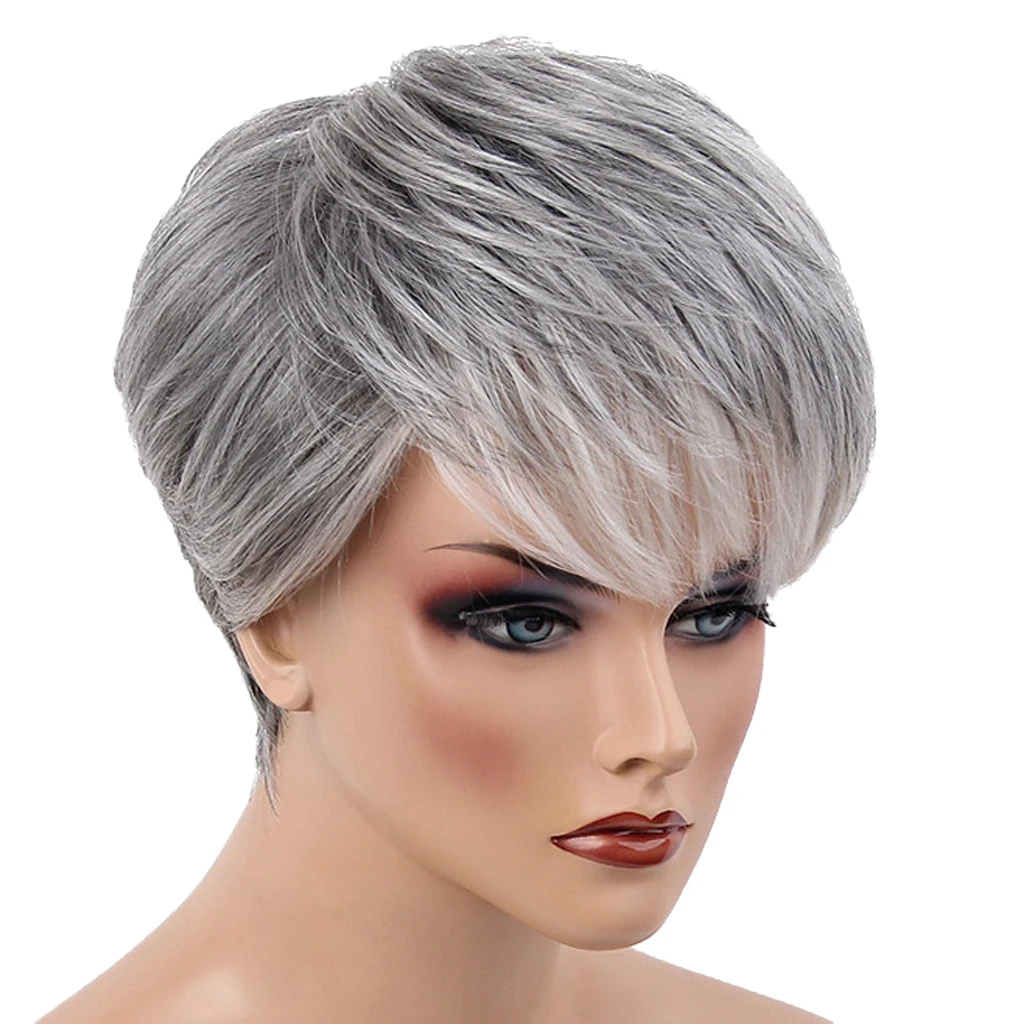 10 Inch Human Hair Wig Natural Look Gray White Layered Oblique Bangs Cospaly 
10 Inch Human Hair Wig Natural Look Gray White Layered Oblique Bangs Cospaly