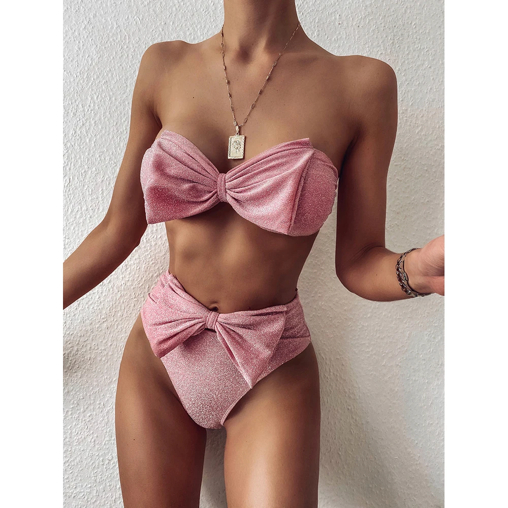 Women High Waist Bikinis 2021 Summer New Swimsuits Bandeau Swimwear Shiny Bow Biquini Solid Strapless Bathers Bathing Suit Women 
Women High Waist Bikinis 2021 Summer New Swimsuits Bandeau Swimwear Shiny Bow Biquini Solid Strapless Bathers Bathing Suit Women