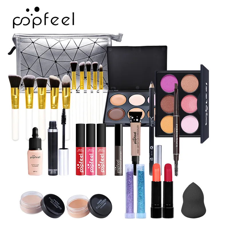 

Popfeel Makeup Set 10pc Brushes Lip Gross Lipstick Concealer Eyebrow Mascara cosmetic Glitter Matte Eyeshadow Palette Maquillaje