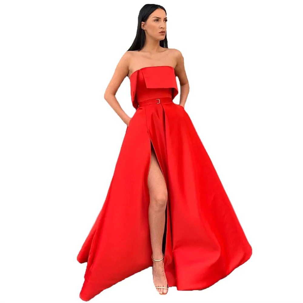 HONGFUYU Red Satin Evening Dresses Strapless A-Line Formal Party Gowns with Slit Pockets Robe De Soiree Floor Length Prom Dress
HONGFUYU Red Satin Evening Dresses Strapless A-Line Formal Party Gowns with Slit Pockets Robe De Soiree Floor Length Prom Dress
