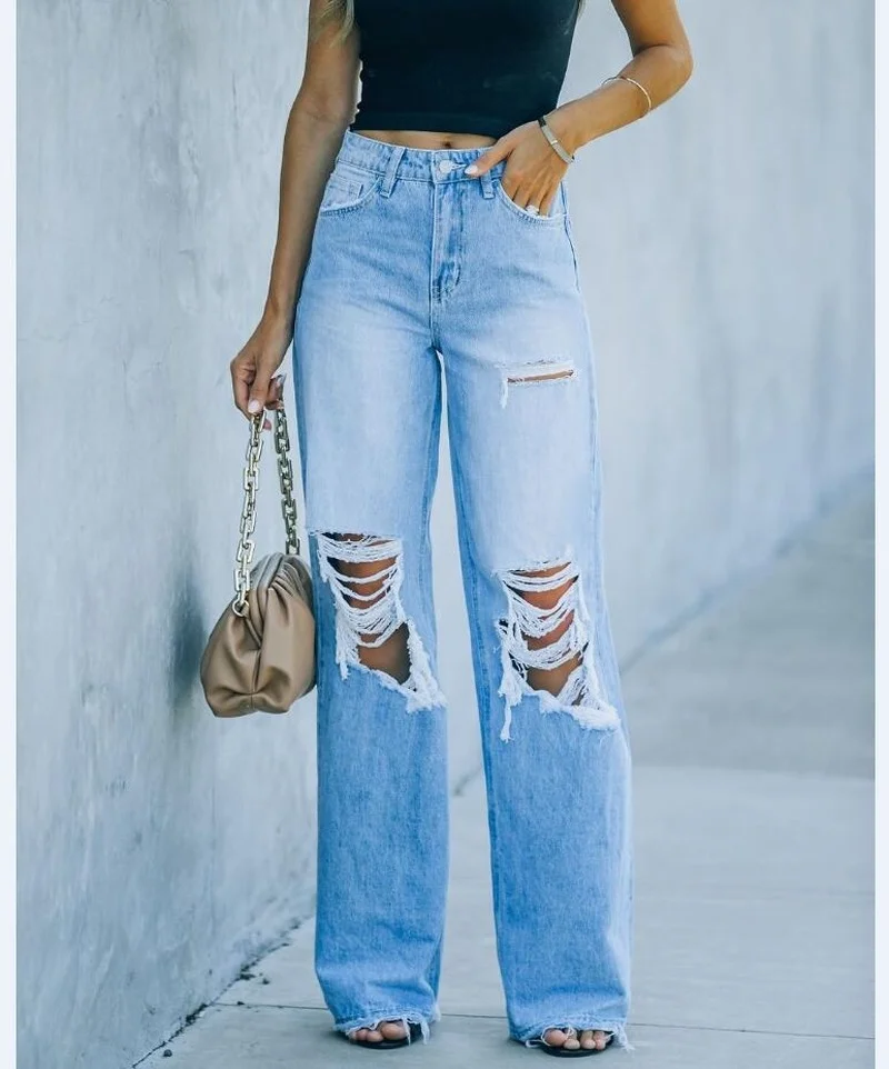 Women Denim Pants Y2k Ripped High Waist Wide-footed Trousers Washed Holes and Casual Women's Jeans Trousers Baggy Cargo Pants
Women Denim Pants Y2k Ripped High Waist Wide-footed Trousers Washed Holes and Casual Women's Jeans Trousers Baggy Cargo Pants
