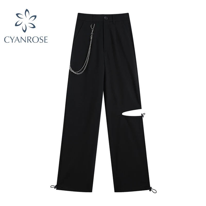 Fashion Black Ripped Pants With Chain Women Casual High Waist Straight Loose Vintage Harajuku 2021 Summer Thin Gothic Long Pant
Fashion Black Ripped Pants With Chain Women Casual High Waist Straight Loose Vintage Harajuku 2021 Summer Thin Gothic Long Pant