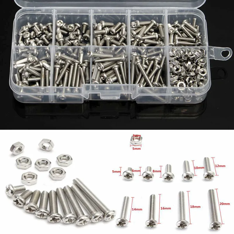 340pcs M3 Cross Head Bolt Nut A2-70 304 Stainless Steel Cap Screw Fastener Phillips Machine Screw Assorted Kit
340pcs M3 Cross Head Bolt Nut A2-70 304 Stainless Steel Cap Screw Fastener Phillips Machine Screw Assorted Kit