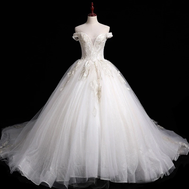 

Lceland Poppy Ball Gown Shiny Wedding Dresses Off the Shoulder Lace Appliques Chapel Train Vestido de Novia Bridal Gowns