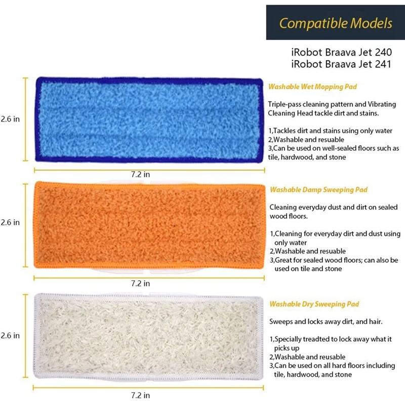 Washable Mopping Pads Cloths Replacement Kit for IRobot Braava Jet 200 Series 240 241 245 250 with 2 Wet 2 Dry 2 Damp
Washable Mopping Pads Cloths Replacement Kit for IRobot Braava Jet 200 Series 240 241 245 250 with 2 Wet 2 Dry 2 Damp