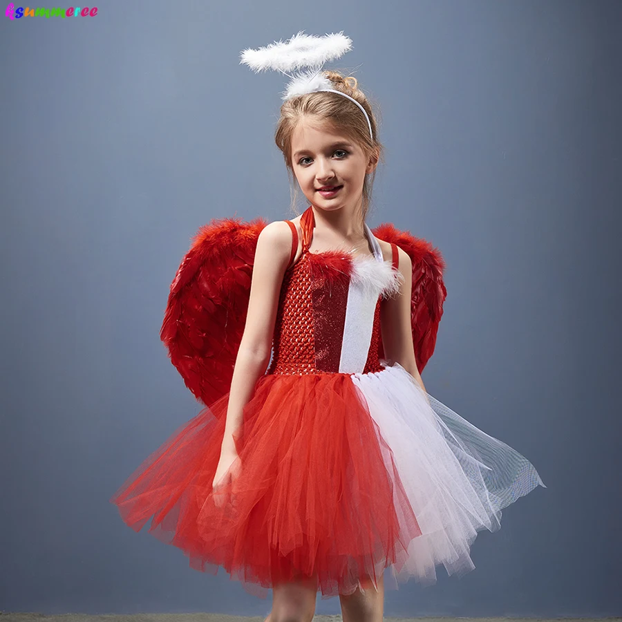 

Naughty & Nice Halloween Costume Girls Angel Devil Tutu Dress with Halo and Feather Wings Kids Carnival Party Cosplay Clothes