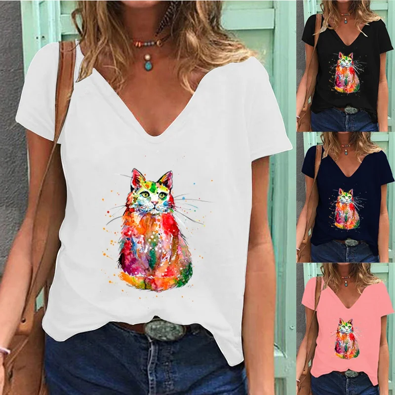 Женская летняя модная футболка с принтом кошки, повседневная Однотонная футболка с коротким рукавом и глубоким V-образным вырезом, Женский ... 
Женская летняя модная футболка с принтом кошки, повседневная Однотонная футболка с коротким рукавом и глубоким V-образным вырезом, Женский ...