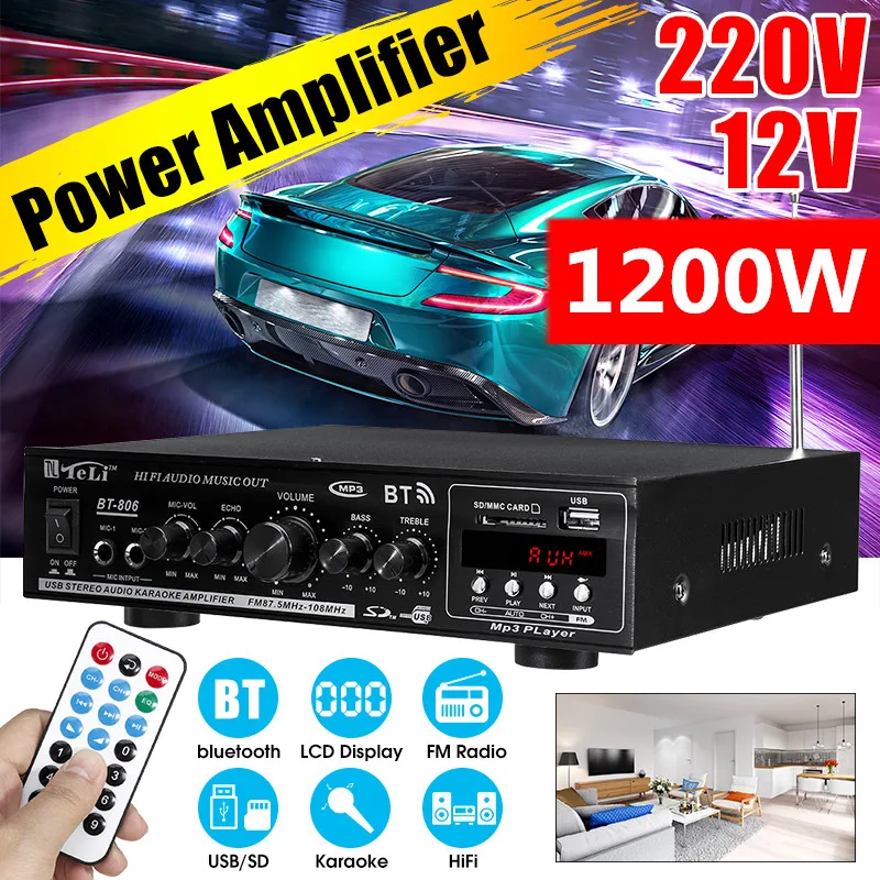1200 Вт домашний автомобильный усилитель, 2-канальный аудио Hi-Fi bluetooth усилитель звука мощности, FM USB SD Дистанционное управление, стерео цифрово...
1200 Вт домашний автомобильный усилитель, 2-канальный аудио Hi-Fi bluetooth усилитель звука мощности, FM USB SD Дистанционное управление, стерео цифрово...
