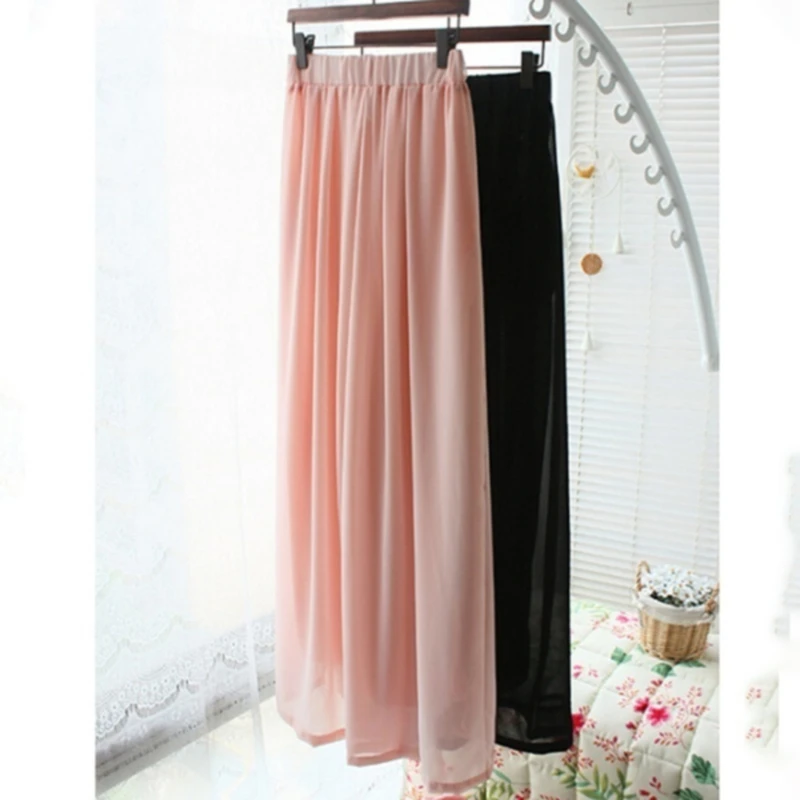 2021 Summer European Style Pleated Women Wide Leg Pants Loose Chiffon Boho Female Length Pant Elastic Waist Trousers Plus Size