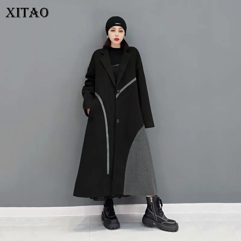

XITAO Winter New Women Blends Coat Contrast Color Splicing Loose Fashion Large Size Simplicity Temperament All-match CZH0032