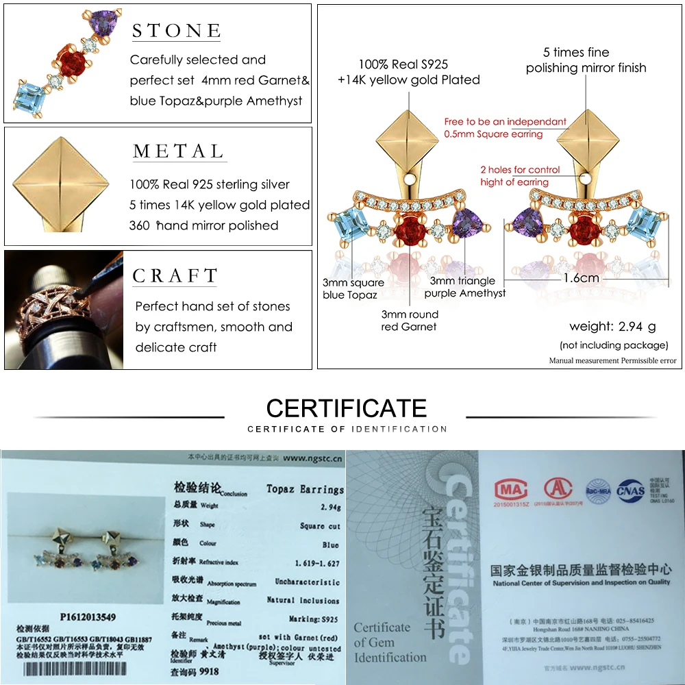 LAMOON Pyramid 0.7ct 3mm Natural Amethyst Garnet Topaz 925 Sterling Silver Jewelry Jewelry Set V013-9