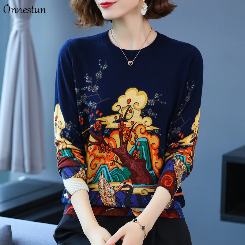 Фото Свитер с принтом женские пуловеры на осень и весну вязаный свитер топ в китайском