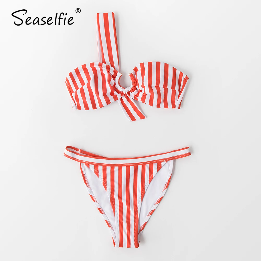 SEASELFIE сексуальные красные и белые на одно плечо Полосатый U-бикини с кольцами