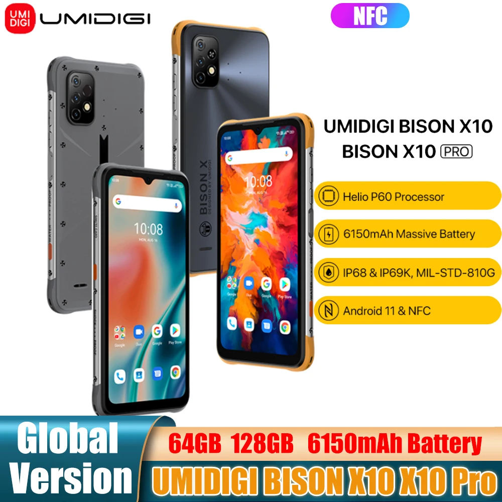 

UMIDIGI BISON X10 X10 Pro Global Version Smartphone NFC IP68 Cellphone 64GB/128GB Helio P60 20MP Triple Camera 6.53"HD+ 6150mAh