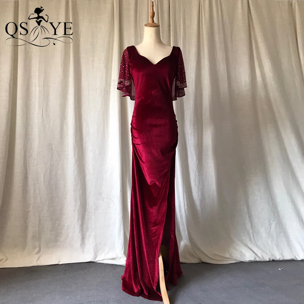 

Burgundy Velvet Evening Dresses Elegant Floor Length V Neck Party Dress Ruched Hips Open Back Shawl Sheer Hot Drill Formal Dress
