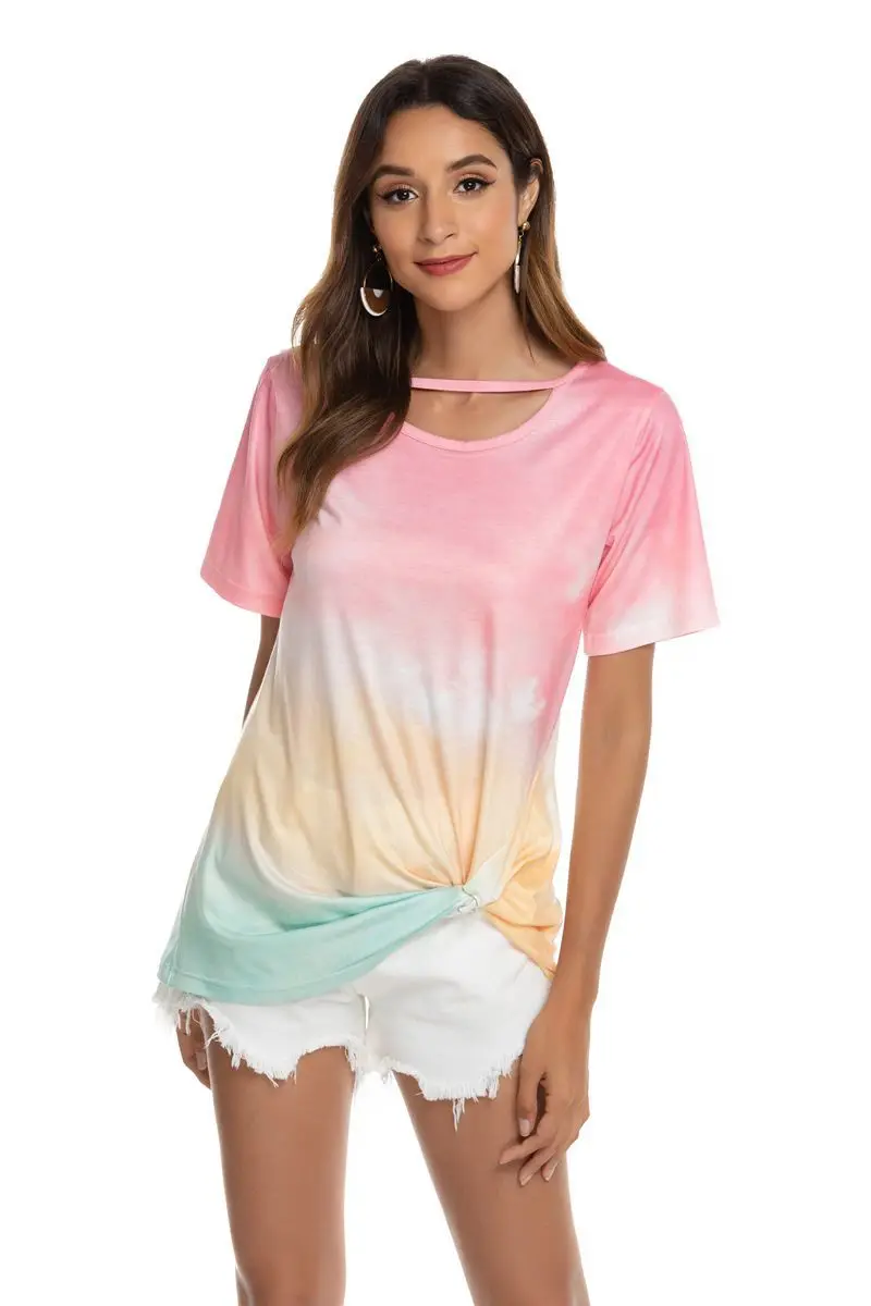 Plus Size Women Summer Rainbow T-shirt Printed Gradient Color Short-Sleeved Hem knotted T-shirts Ladies Street Casual PINK Tops
Plus Size Women Summer Rainbow T-shirt Printed Gradient Color Short-Sleeved Hem knotted T-shirts Ladies Street Casual PINK Tops