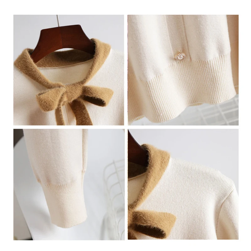 2021 Spring New Arrival Patchwork Bow Sweater Women Cute Knitted Pullover Modis Tops 
2021 Spring New Arrival Patchwork Bow Sweater Women Cute Knitted Pullover Modis Tops