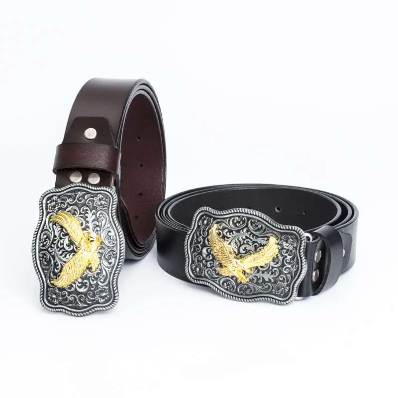 

Trendy men's real cowhide belt Western cowboy ethnic style Goshawk zinc alloy belt buckle wild men and women belts