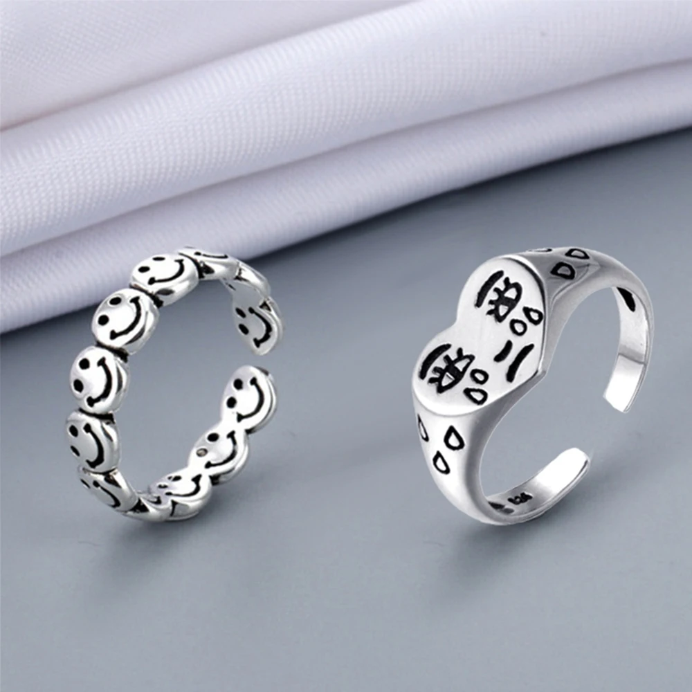 Фото Винтажные серебряные кольца с счастливым улыбающимся лицом для женщин и мужчин