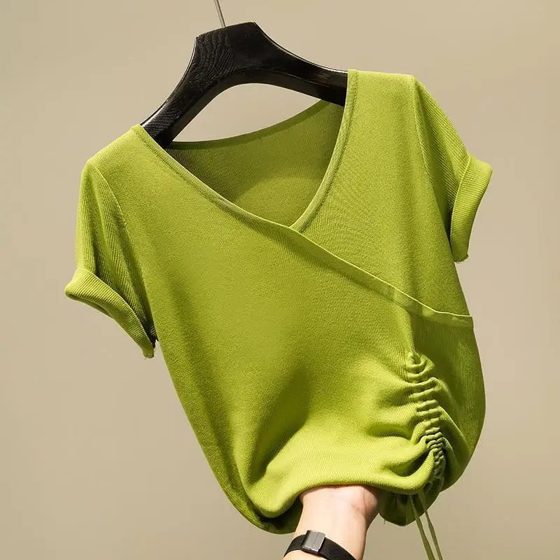 Summer tshirt women Green V neck knitted short sleeved Korean thin Ice silk cotton drawstring irregular solid color top Female
Summer tshirt women Green V neck knitted short sleeved Korean thin Ice silk cotton drawstring irregular solid color top Female