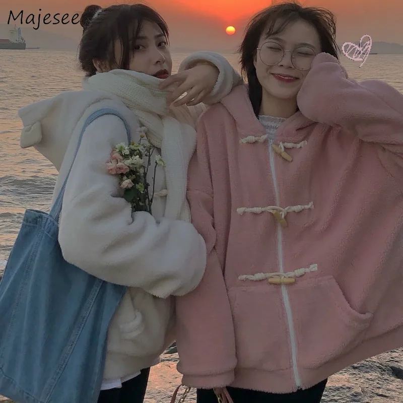 Women Wool Blends Autumn Horn Button Hooded Cartoon Drop Shoulder Students Warm Cute Harajuku Loose Korean Style Casual Fashion
Women Wool Blends Autumn Horn Button Hooded Cartoon Drop Shoulder Students Warm Cute Harajuku Loose Korean Style Casual Fashion
