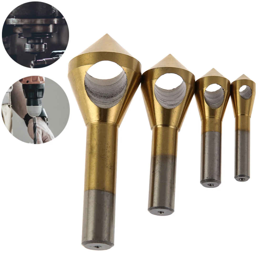 Titanium Coated 4pcs Countersink Deburring Center Stepped Metal Drill Bits Expanding Chamfering Tools 2-5/5-10/10-15/15-20mm 
Titanium Coated 4pcs Countersink Deburring Center Stepped Metal Drill Bits Expanding Chamfering Tools 2-5/5-10/10-15/15-20mm