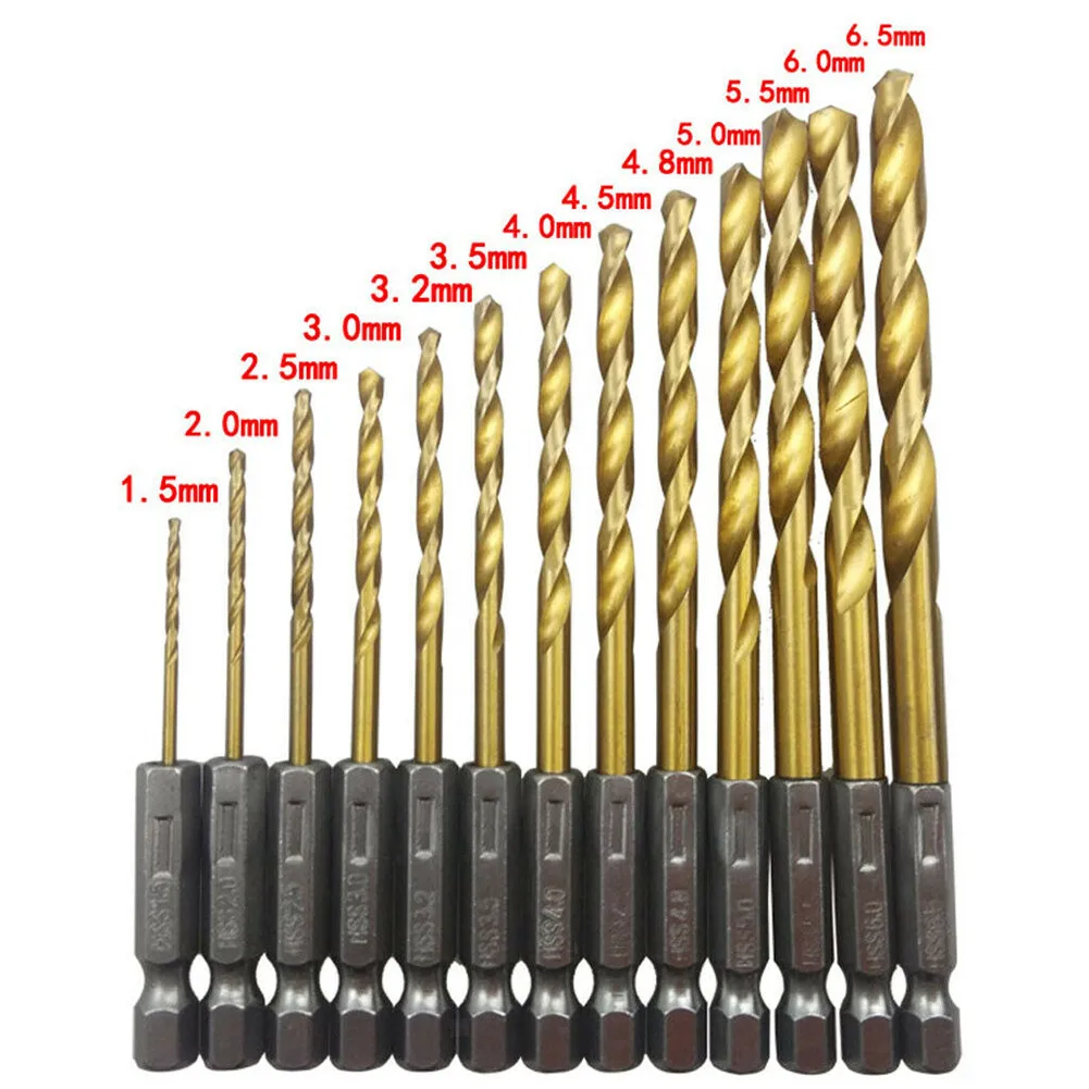 13pcs HSS High Speed Steel Drill Bit Set Hex Shank Titanium Coated Twist Drill 1.5mm-6.5mm For Cordless Screwdriver Woodworking
13pcs HSS High Speed Steel Drill Bit Set Hex Shank Titanium Coated Twist Drill 1.5mm-6.5mm For Cordless Screwdriver Woodworking