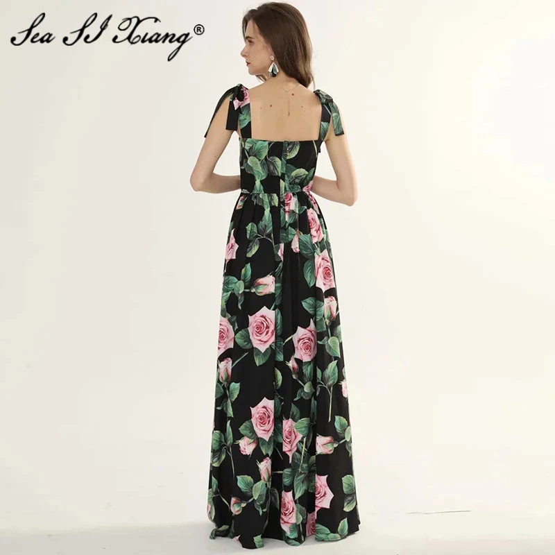 Seasixiang Fashion Designer Summer Dress Women's Spaghetti Strap Rose Floral-Print Black Elegant party Maxi Dresses
Seasixiang Fashion Designer Summer Dress Women's Spaghetti Strap Rose Floral-Print Black Elegant party Maxi Dresses