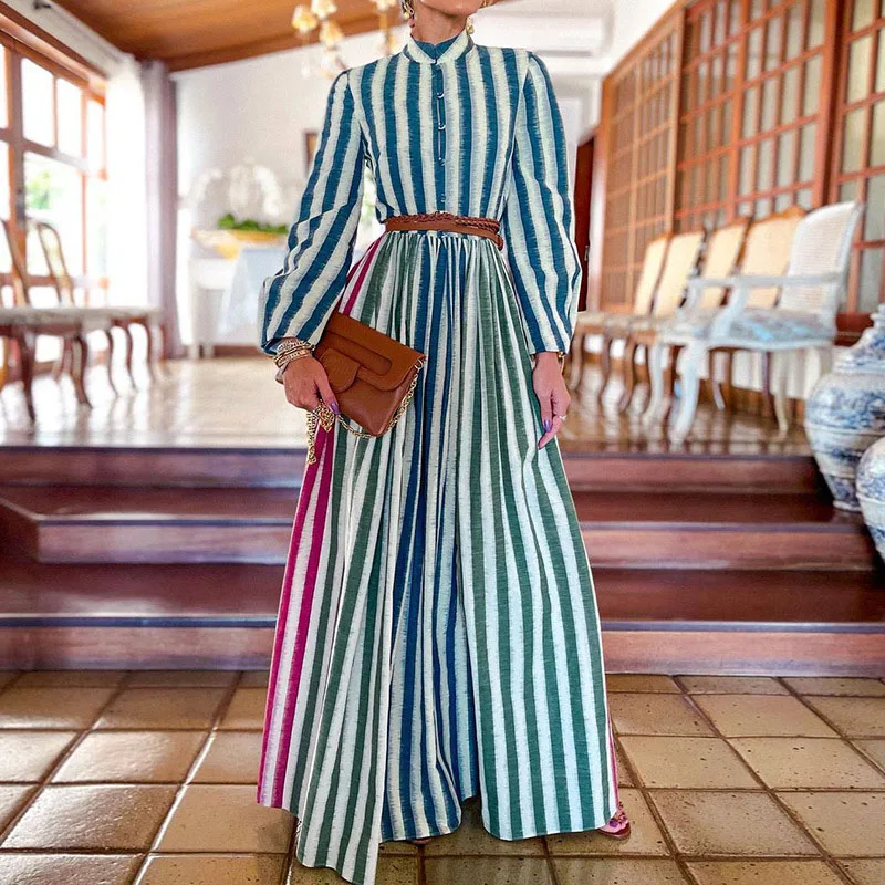 New Fashion Stripe Contrast Color Maxi Dress Women Long Sleeve Collect Waist Slim Party Dress Vacation Dress
New Fashion Stripe Contrast Color Maxi Dress Women Long Sleeve Collect Waist Slim Party Dress Vacation Dress
