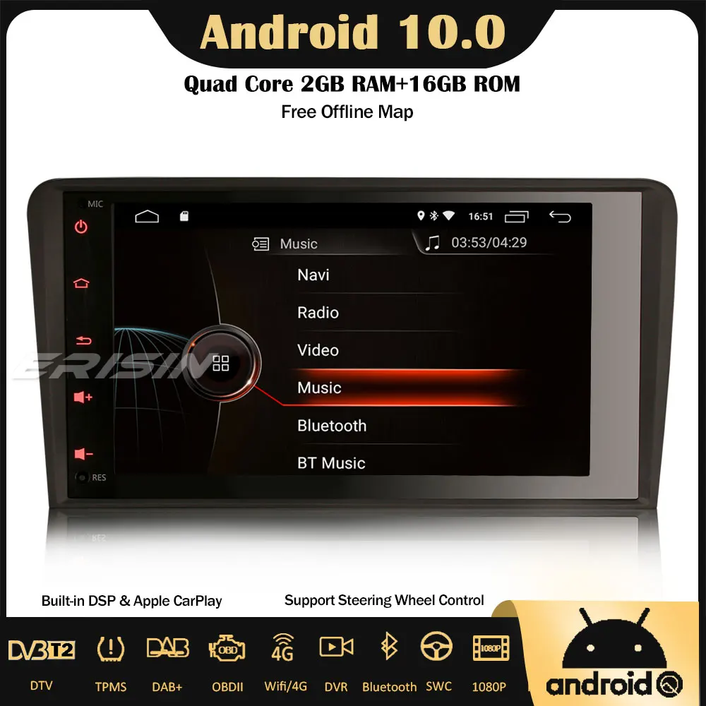 Erisin ES4283A 8 "Android 10 0 автомобильный стерео DSP радио CarPlay WiFi DAB + Bluetooth USB 4G RDS OBD SWC для AUDI A3 S3 RS3 RNSE PU|Автомагнитолы| |