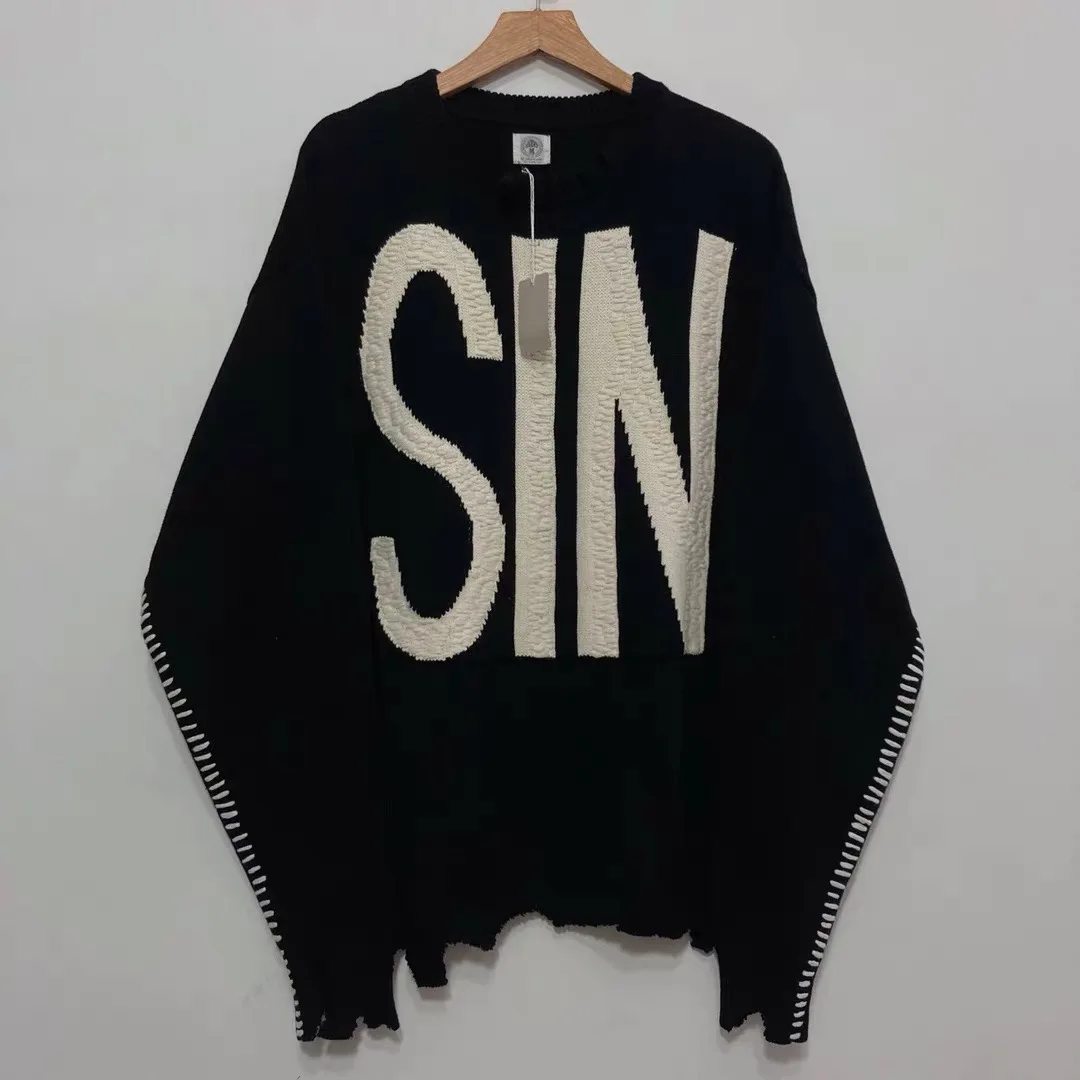 Men and Women SIN Letter Crew Neck Knitted Sweater Oversized Loose Casual Pullover Irregular Destruction Sweater 
Men and Women SIN Letter Crew Neck Knitted Sweater Oversized Loose Casual Pullover Irregular Destruction Sweater