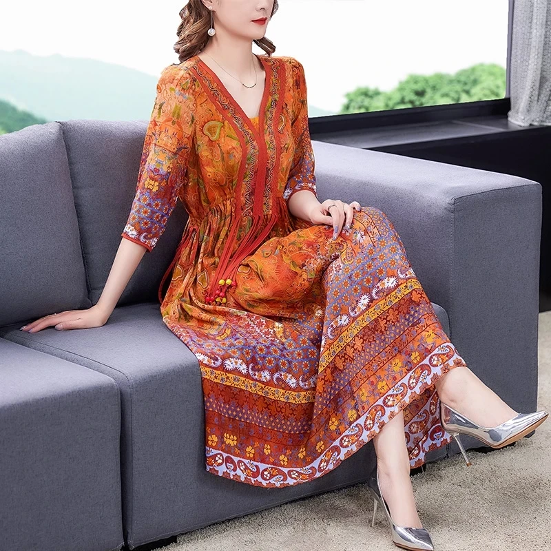 2021 Summer Boho Print M-4XL Plus Size Chiffon Midi Dress Spring Vintage Floral Mulberry Silk Dress Elegant Women Vestidos
2021 Summer Boho Print M-4XL Plus Size Chiffon Midi Dress Spring Vintage Floral Mulberry Silk Dress Elegant Women Vestidos