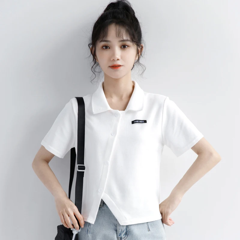 2021 summer new style niche irregular design shirt white split short-sleeved student short top women
2021 summer new style niche irregular design shirt white split short-sleeved student short top women