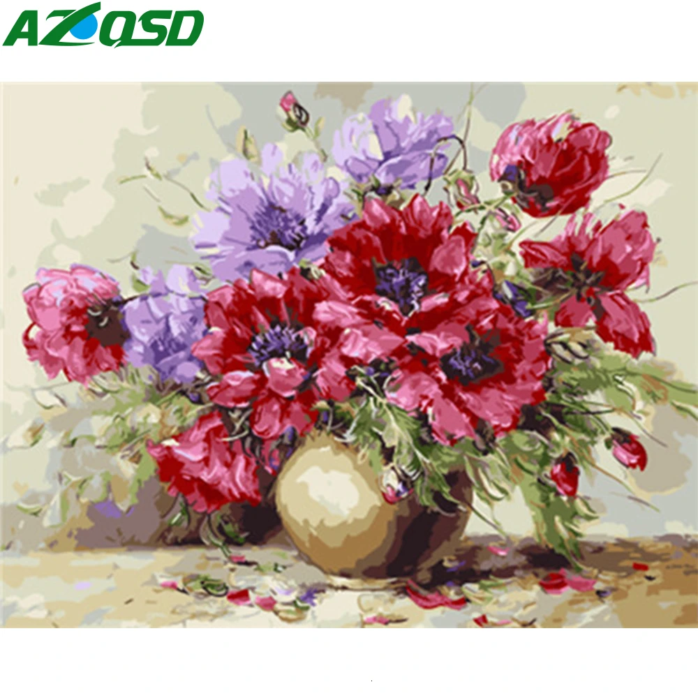 AZQSD Unframe картины по номерам Цветок украшение дома Акриловые Краски DIY картина маслом ing ваза на холсте ручной