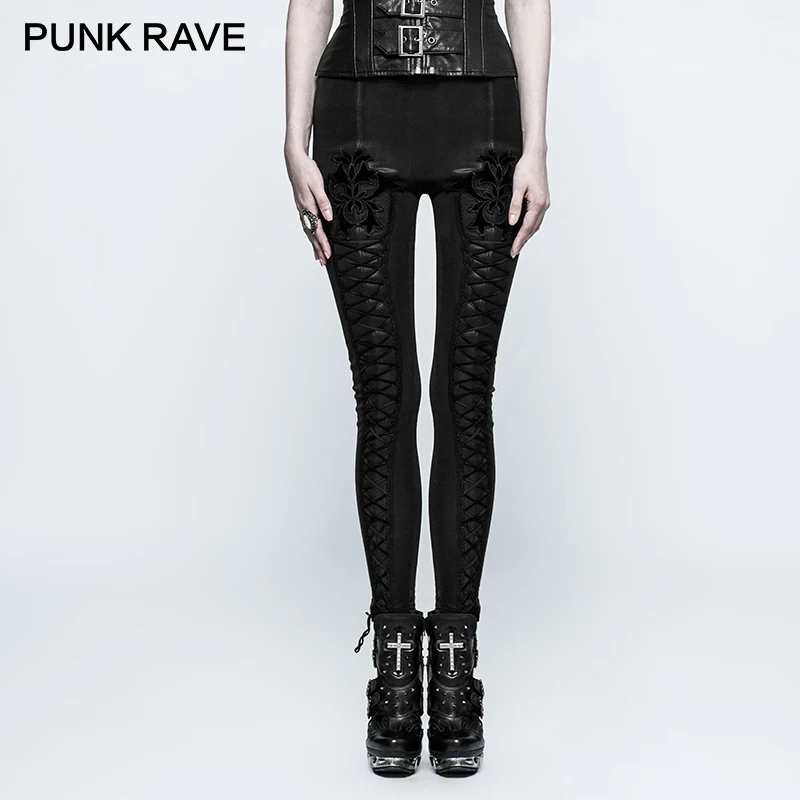 PUNK RAVE Gothic High-Grade Flocking Thickened Female Slim Leggings Bandage Stripe PU Leather Women Pencil Pants Winter Trousers | Женская