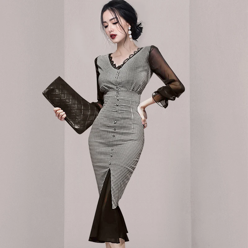 plaid lace Sexy tight Dresses one piece korean ladies autumn long Sleeve cabaret party formal Dresses for women
plaid lace Sexy tight Dresses one piece korean ladies autumn long Sleeve cabaret party formal Dresses for women