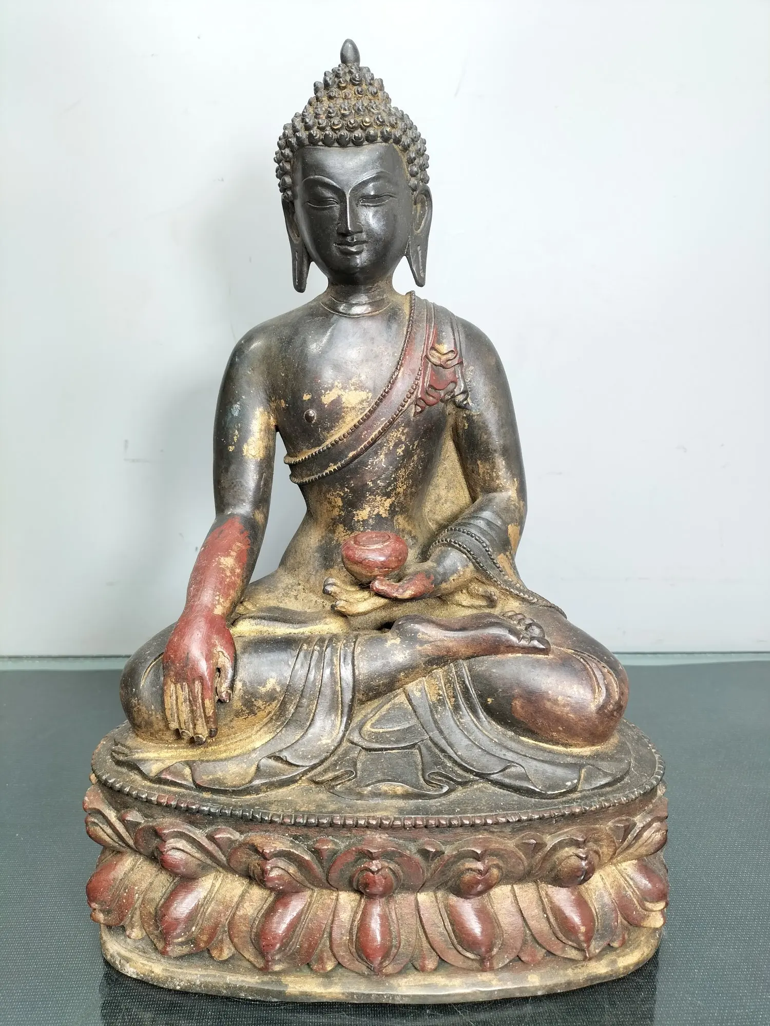 

13"Tibetan Temple Collection Old Bronze Cinnabar Lacquer Sakyamuni Amitabha Sitting Buddha Ornaments Town House